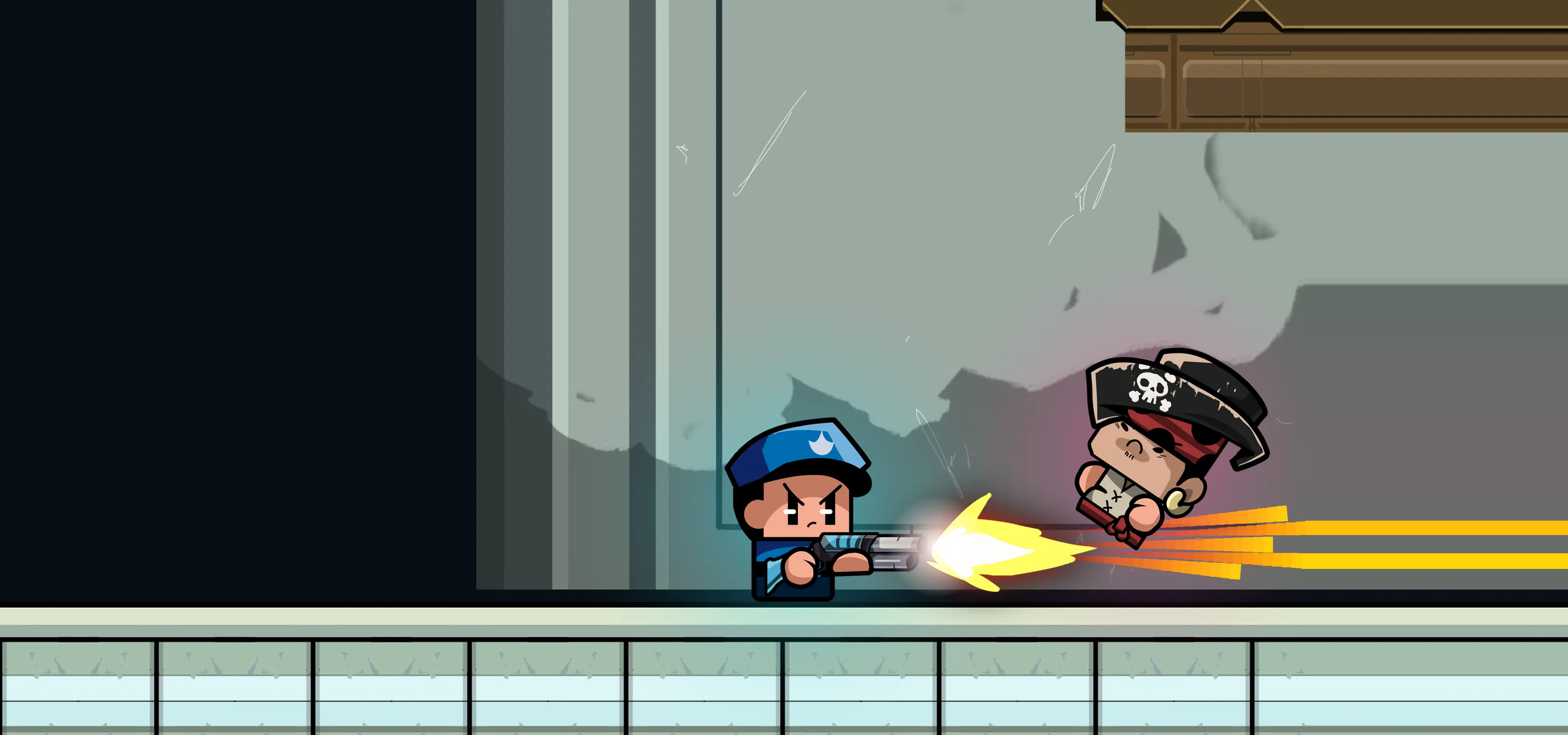 NOVA, the Officer, firing at RUST, the Pirate, in GRIM's arena
