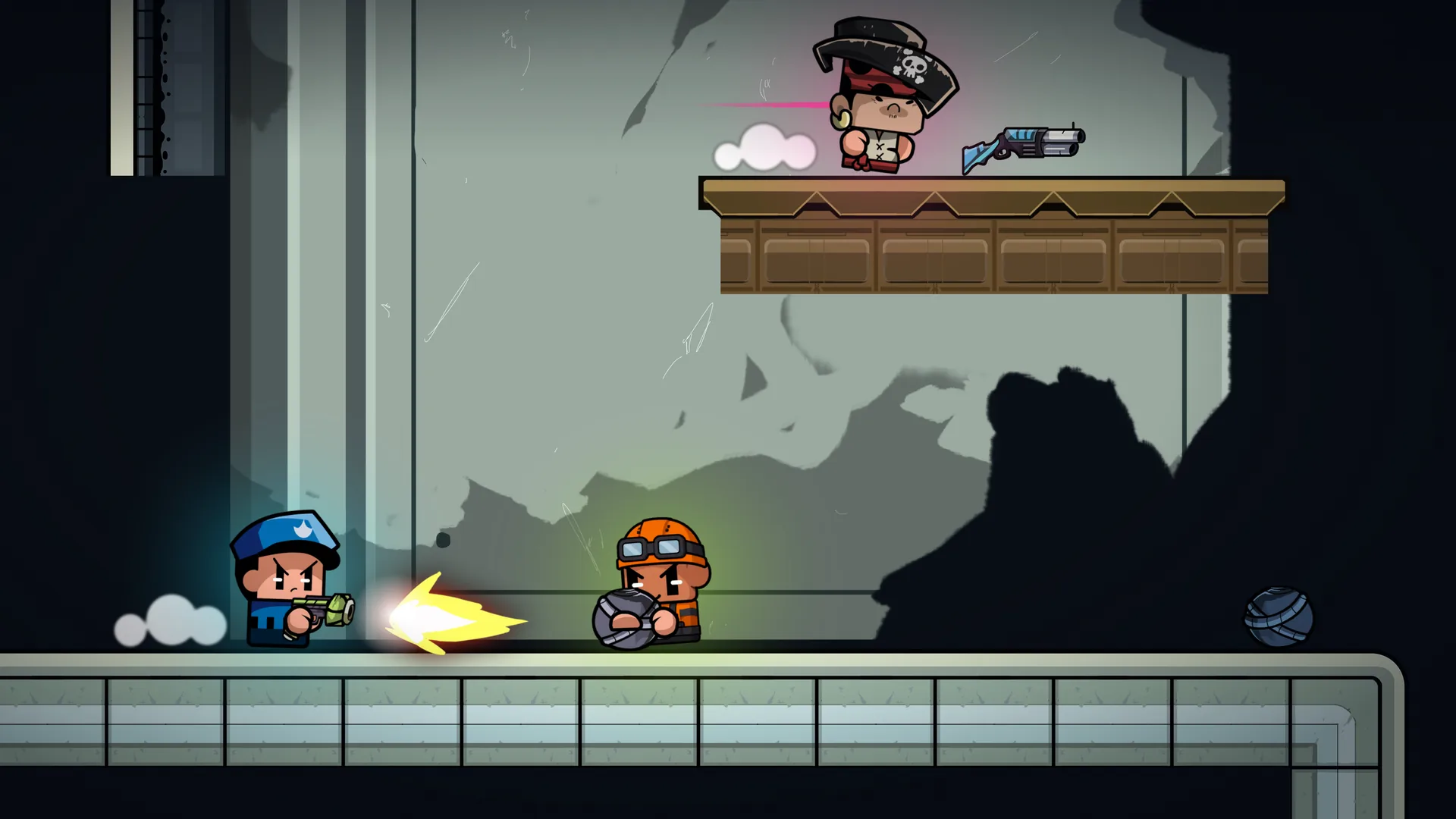RUST on a high wooden ledge while NOVA fires at BOLT on the arena floor below